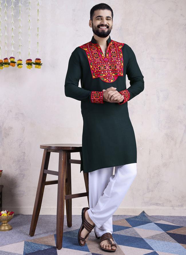 Rayon Green Navratri Wear Embroidery Work Readymade Kurta